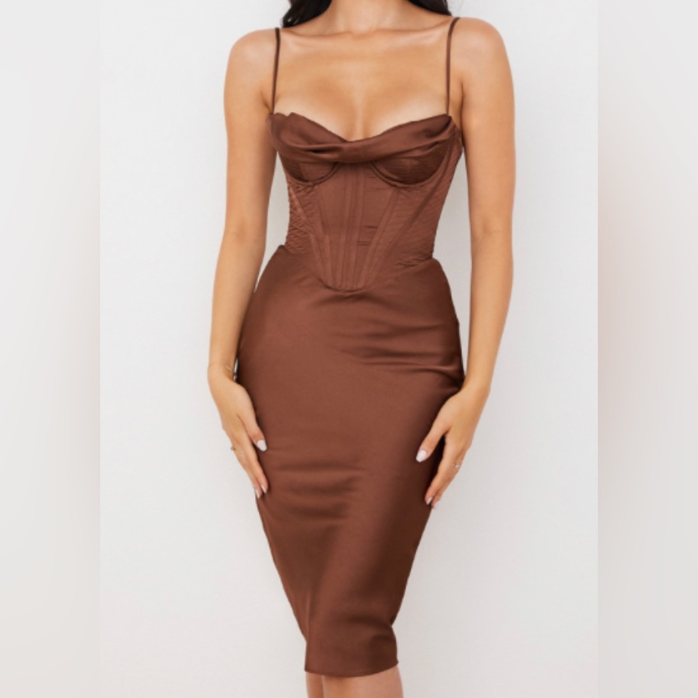 House of CB MYRNA Chocolate Satin Corset Slip Dress Size Small